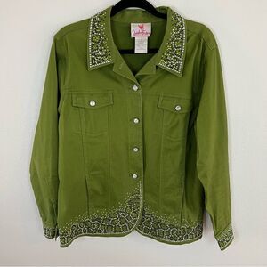 Quacker Factory Denim Jacket Embellished Colored Rhinestone Size Large Green